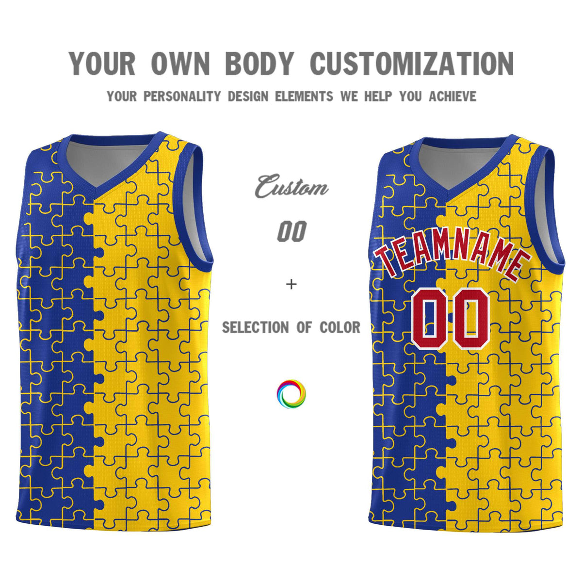 Custom Royal Gold Splid Basketball Kits With Puzzle Pattern