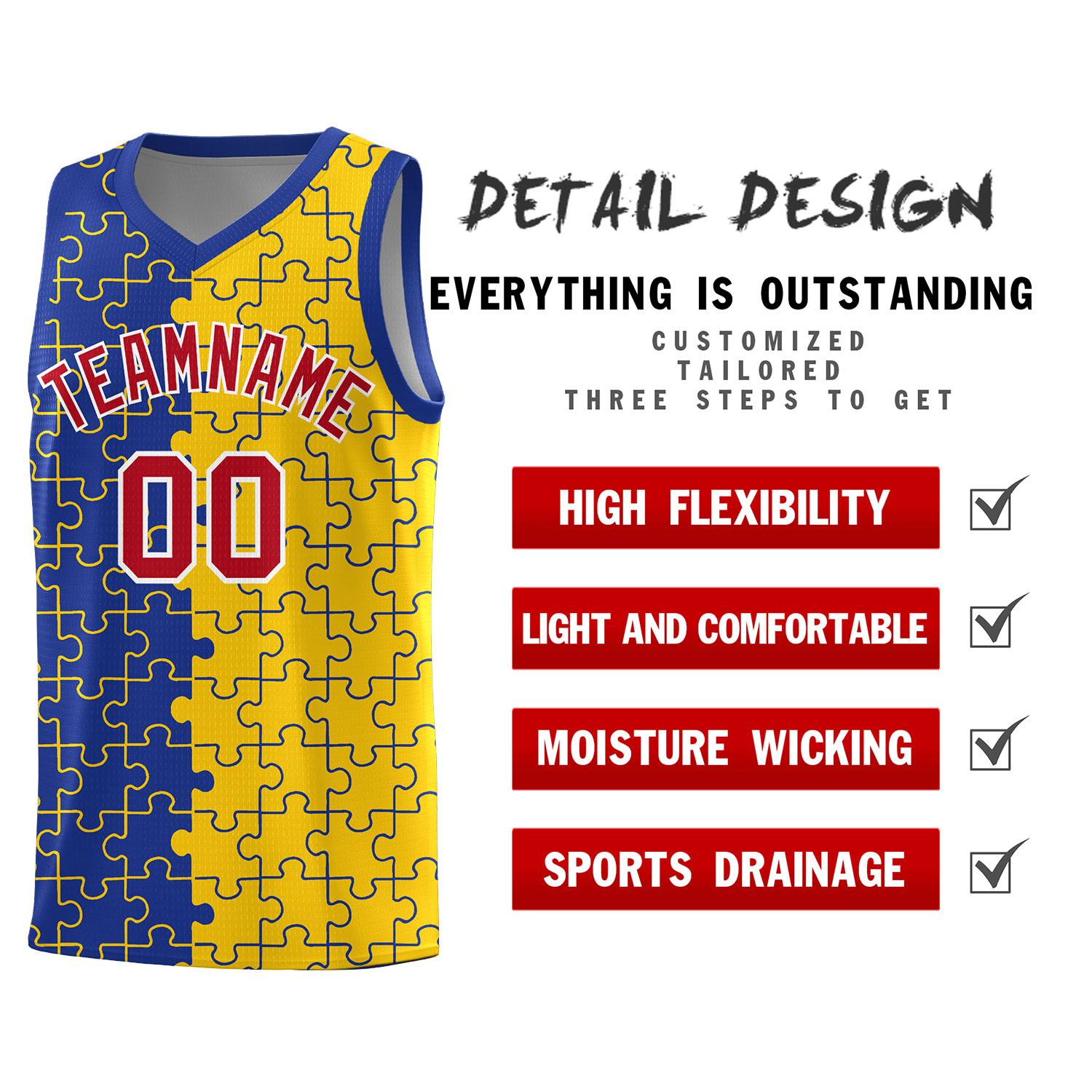 Custom Royal Gold Splid Basketball Kits With Puzzle Pattern