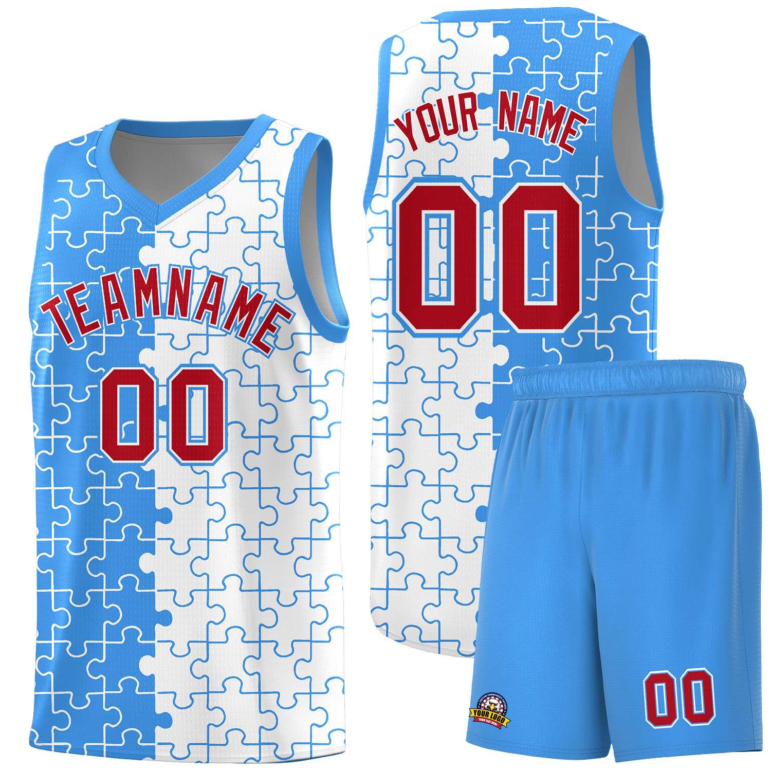Custom Light Blue White Splid Basketball Kits With Puzzle Pattern