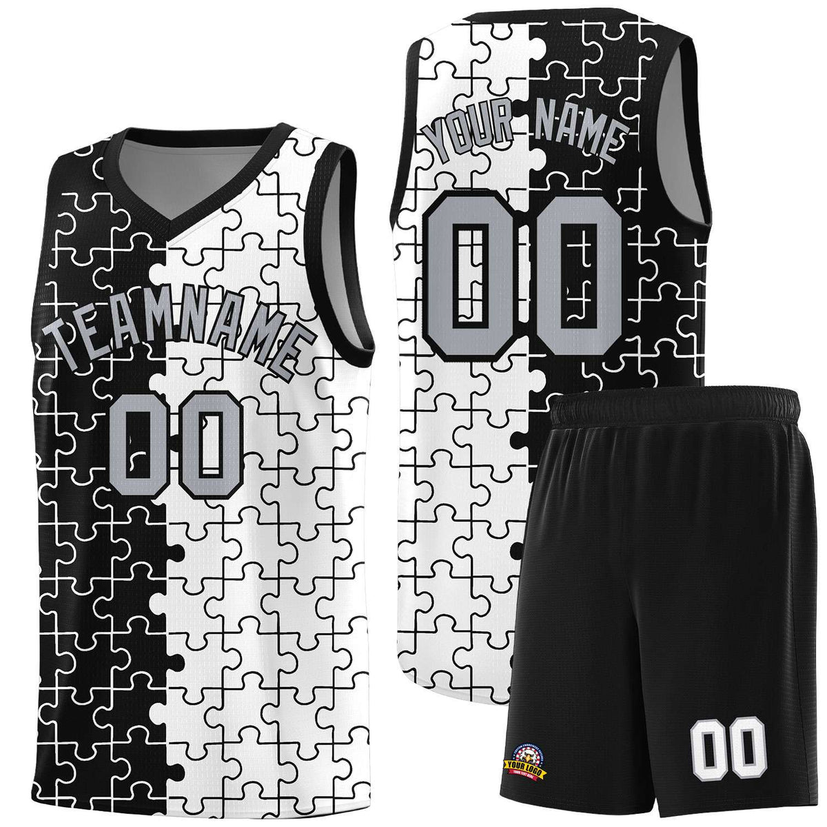 Custom Black White Splid Basketball Kits With Puzzle Pattern
