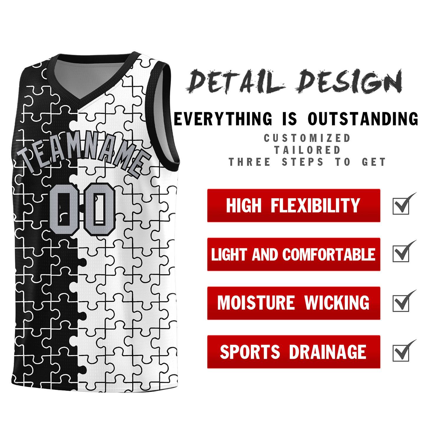 Custom Black White Splid Basketball Kits With Puzzle Pattern