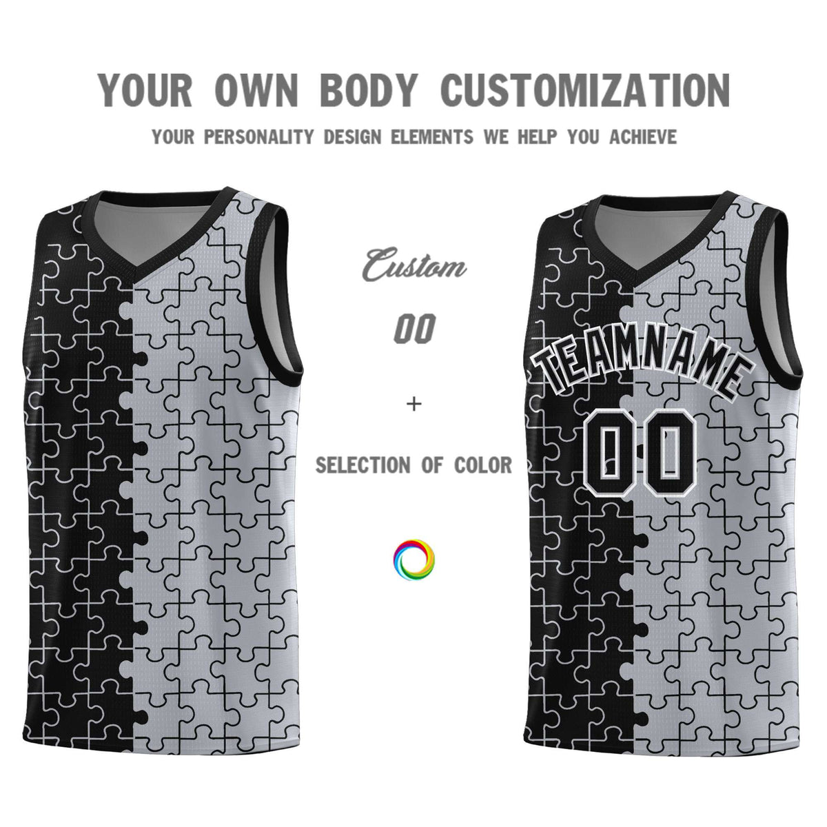 Custom Black Gray Splid Basketball Kits With Puzzle Pattern