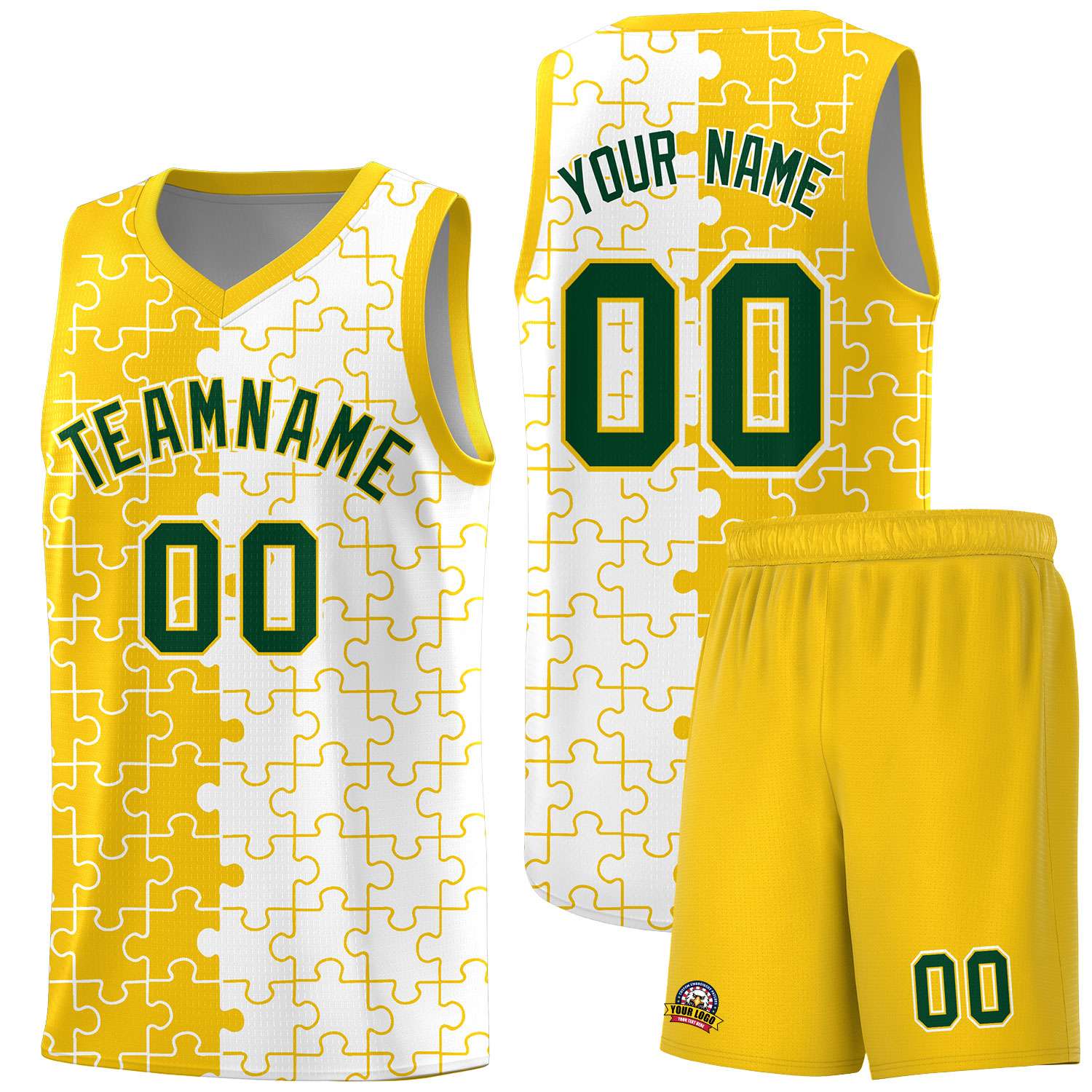 Custom Gold White Splid Basketball Kits With Puzzle Pattern