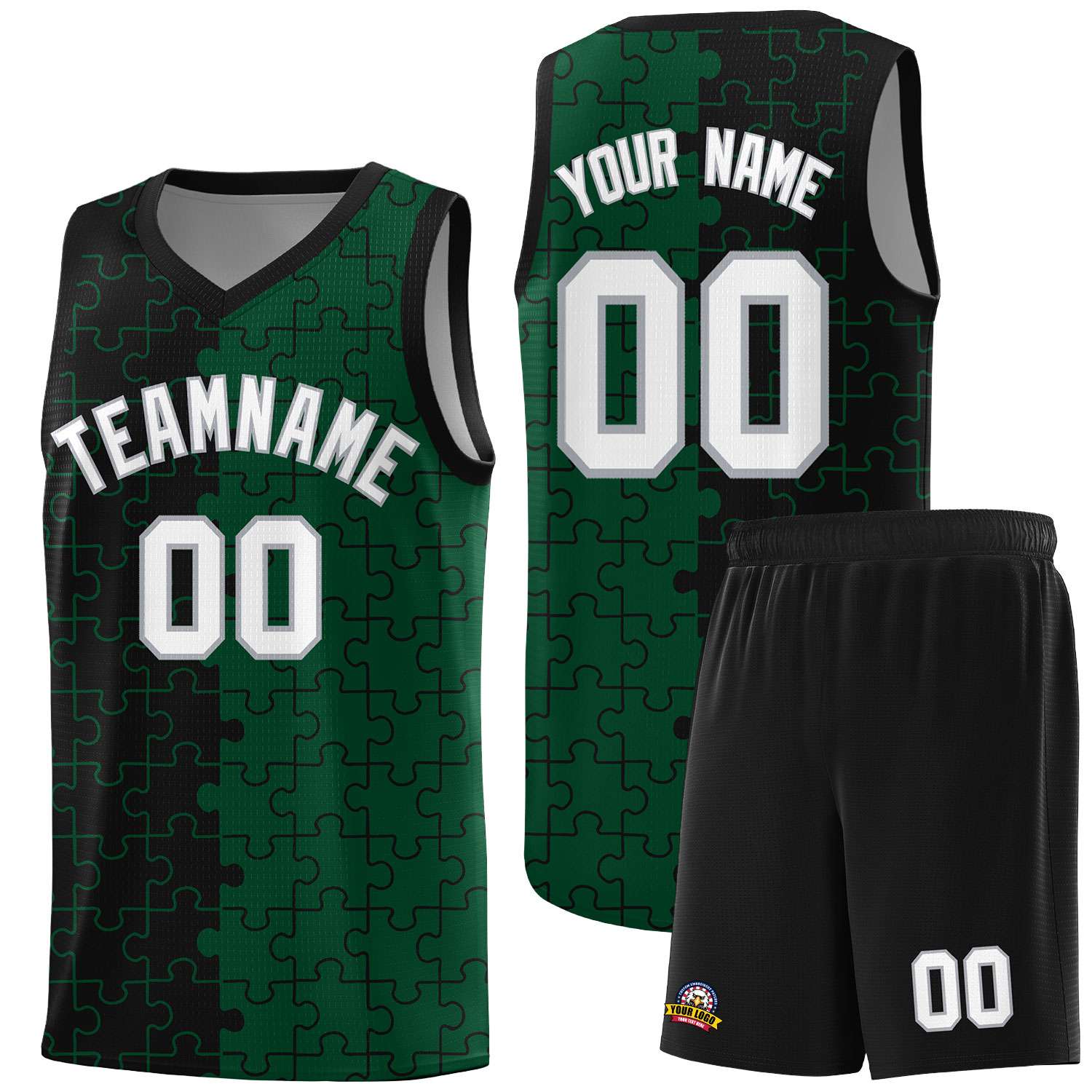 Custom Black Green Splid Basketball Kits With Puzzle Pattern