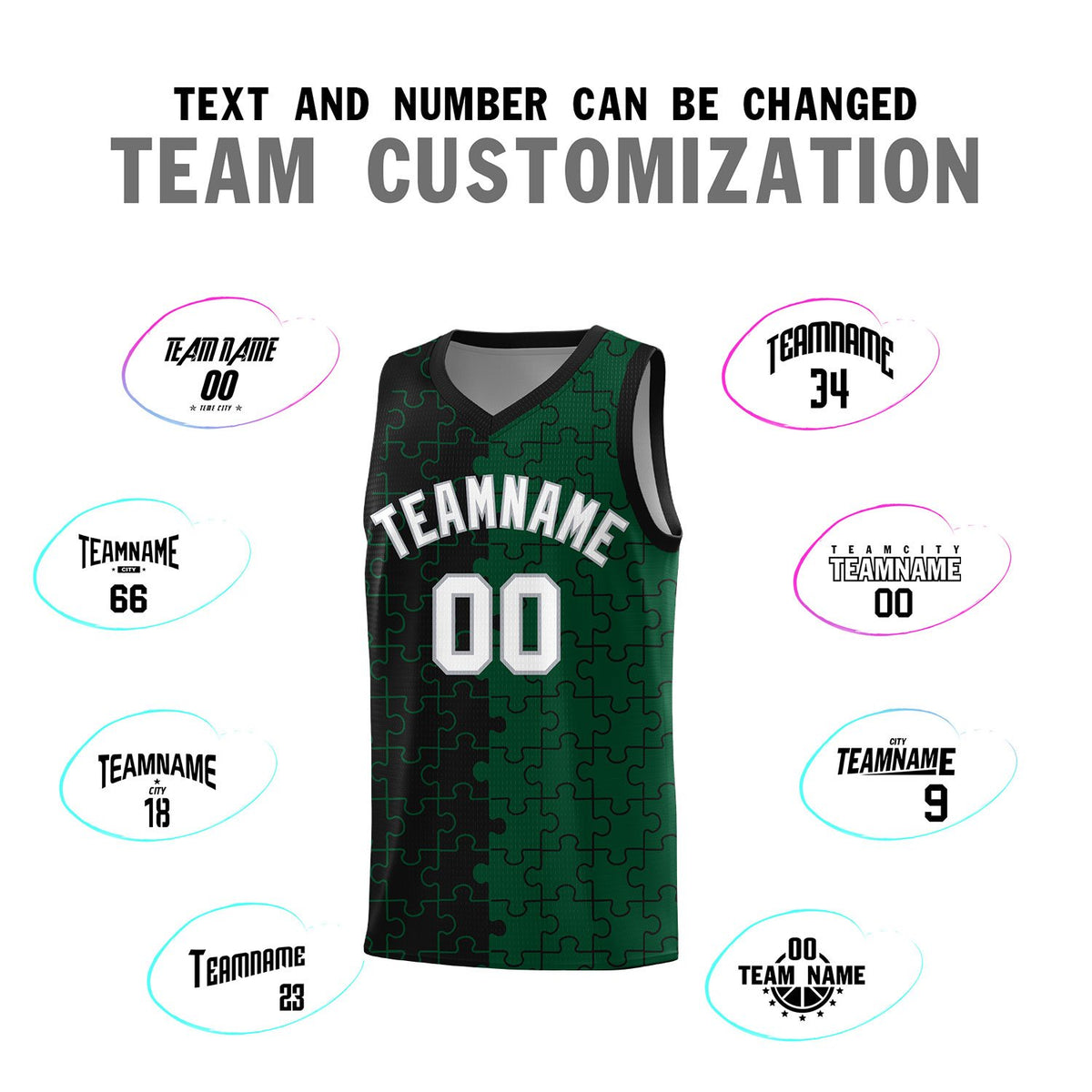 Custom Black Green Splid Basketball Kits With Puzzle Pattern
