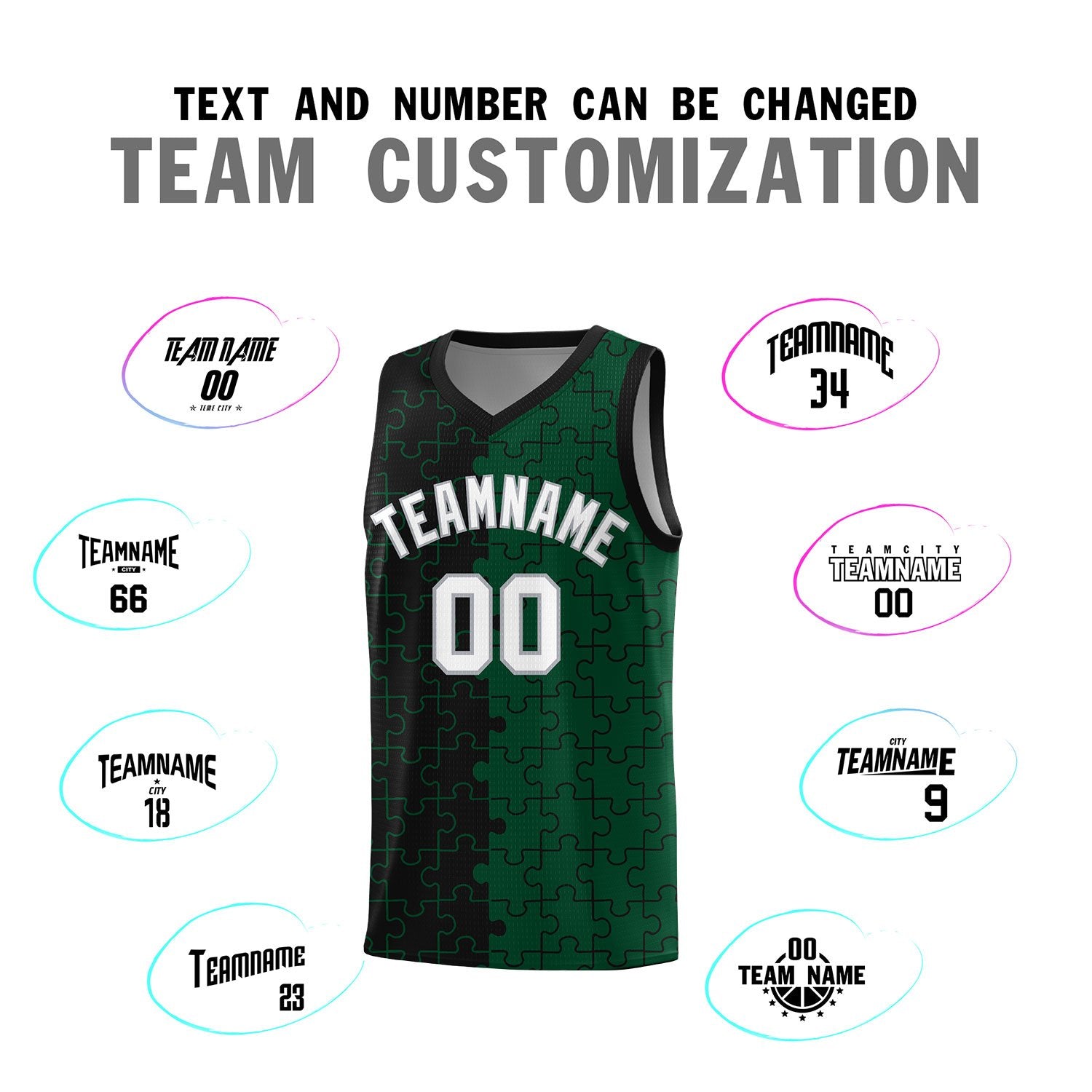 Custom Black Green Splid Basketball Kits With Puzzle Pattern