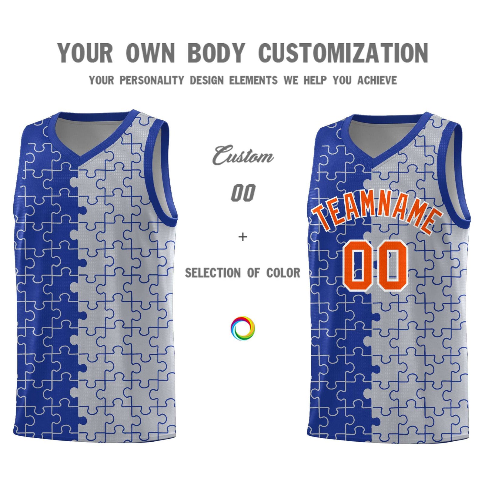 Custom Royal Gray Splid Basketball Kits With Puzzle Pattern