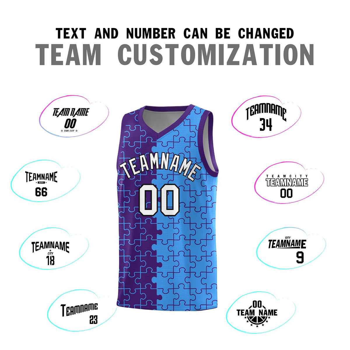 Custom Purple Light Blue Splid Basketball Kits With Puzzle Pattern