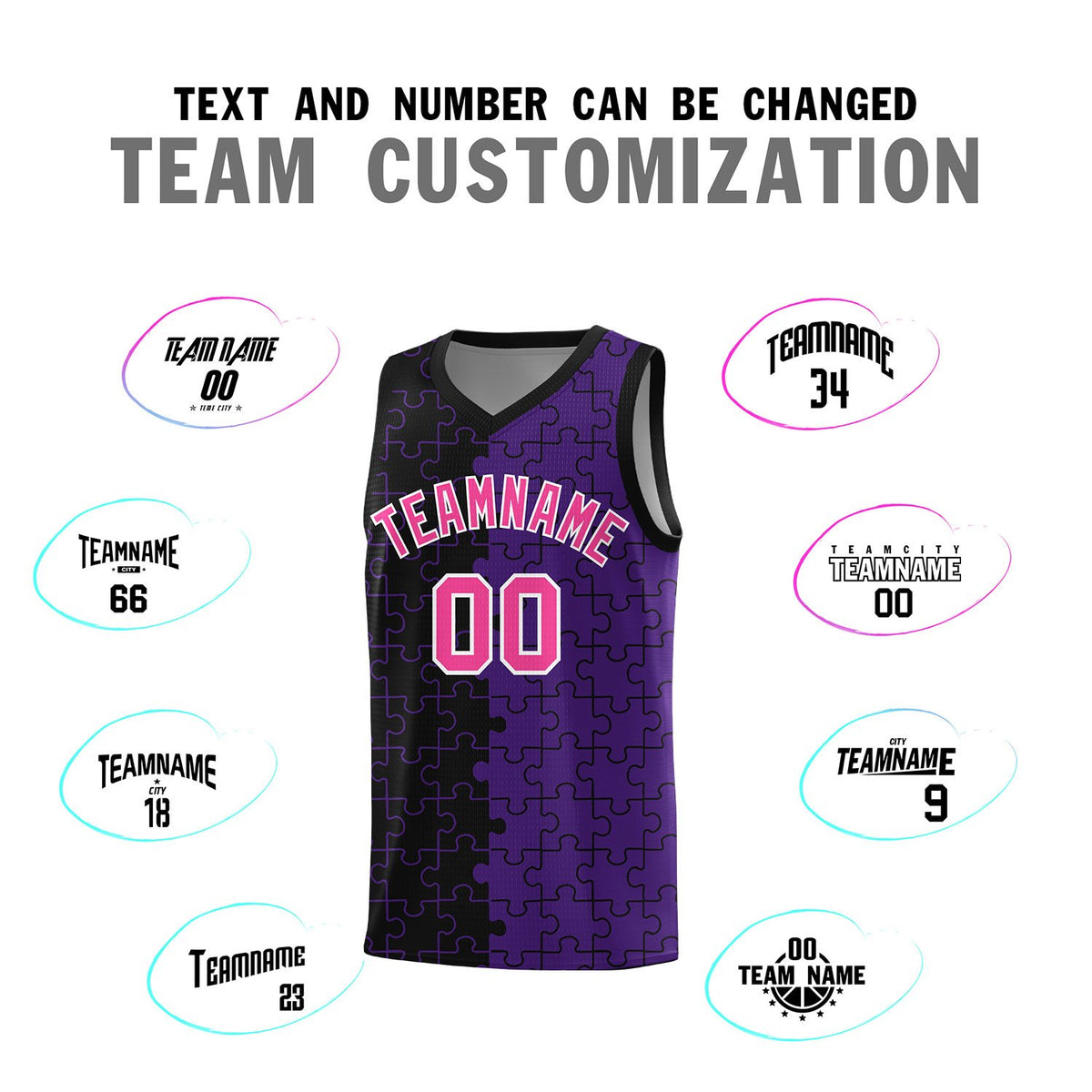 Custom Black Purple Splid Basketball Kits With Puzzle Pattern