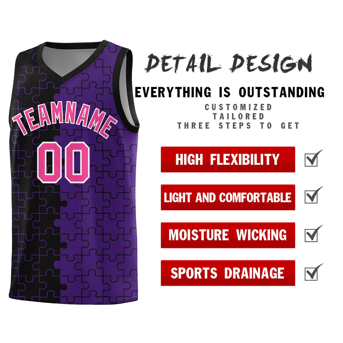 Custom Black Purple Splid Basketball Kits With Puzzle Pattern