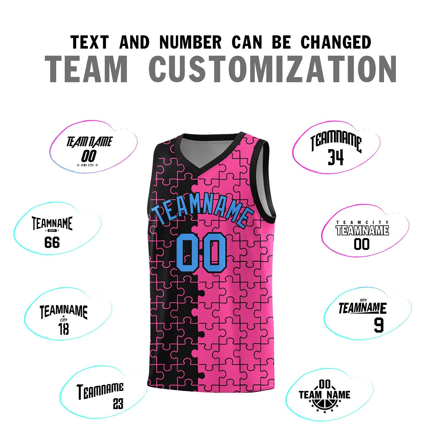 Custom Black Pink Splid Basketball Kits With Puzzle Pattern