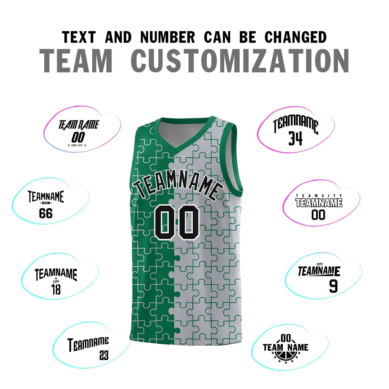 Custom Kelly Green Gray Splid Basketball Kits With Puzzle Pattern