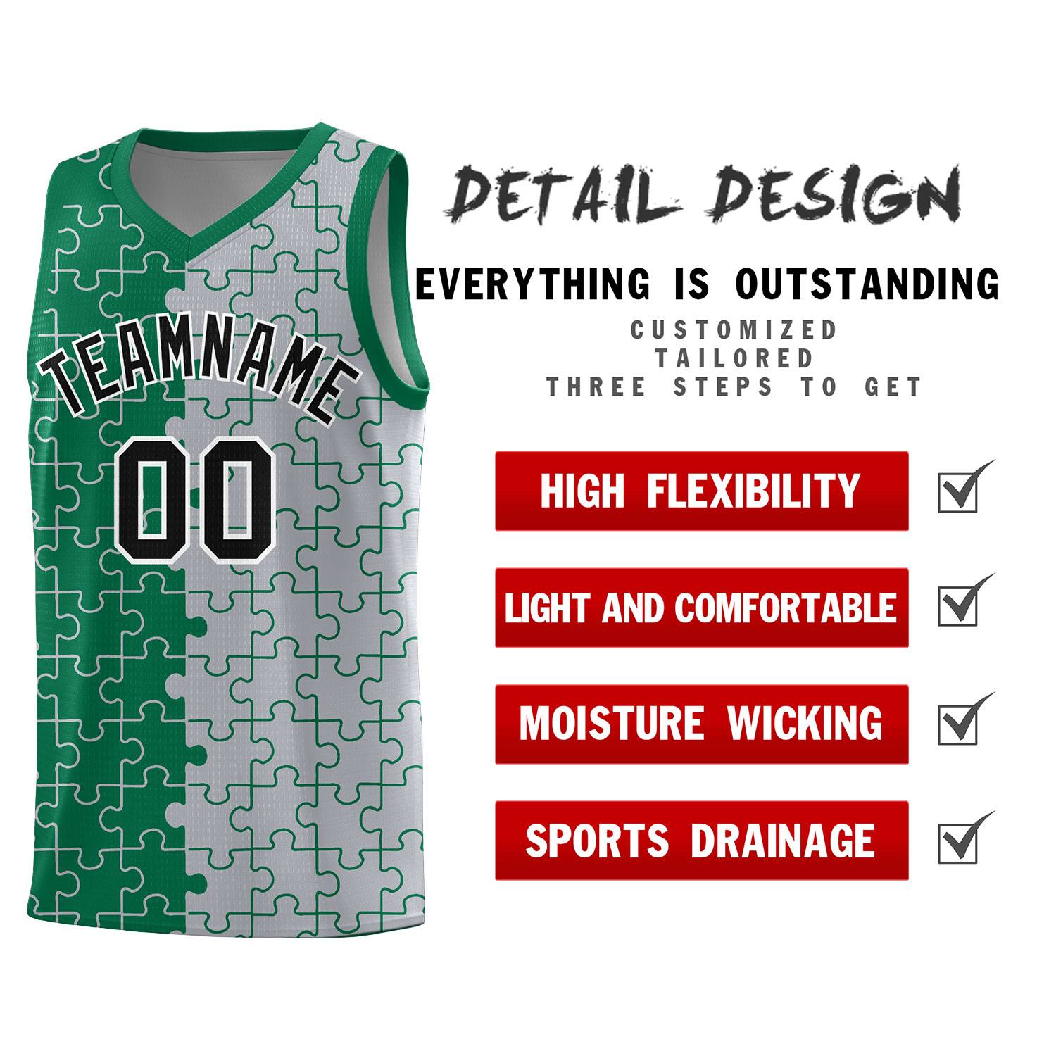 Custom Kelly Green Gray Splid Basketball Kits With Puzzle Pattern