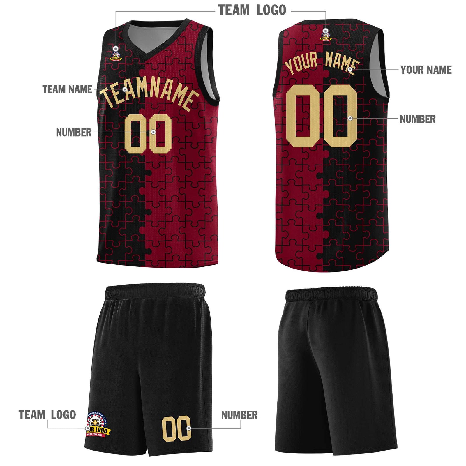 Custom Black Crimson Splid Basketball Kits With Puzzle Pattern