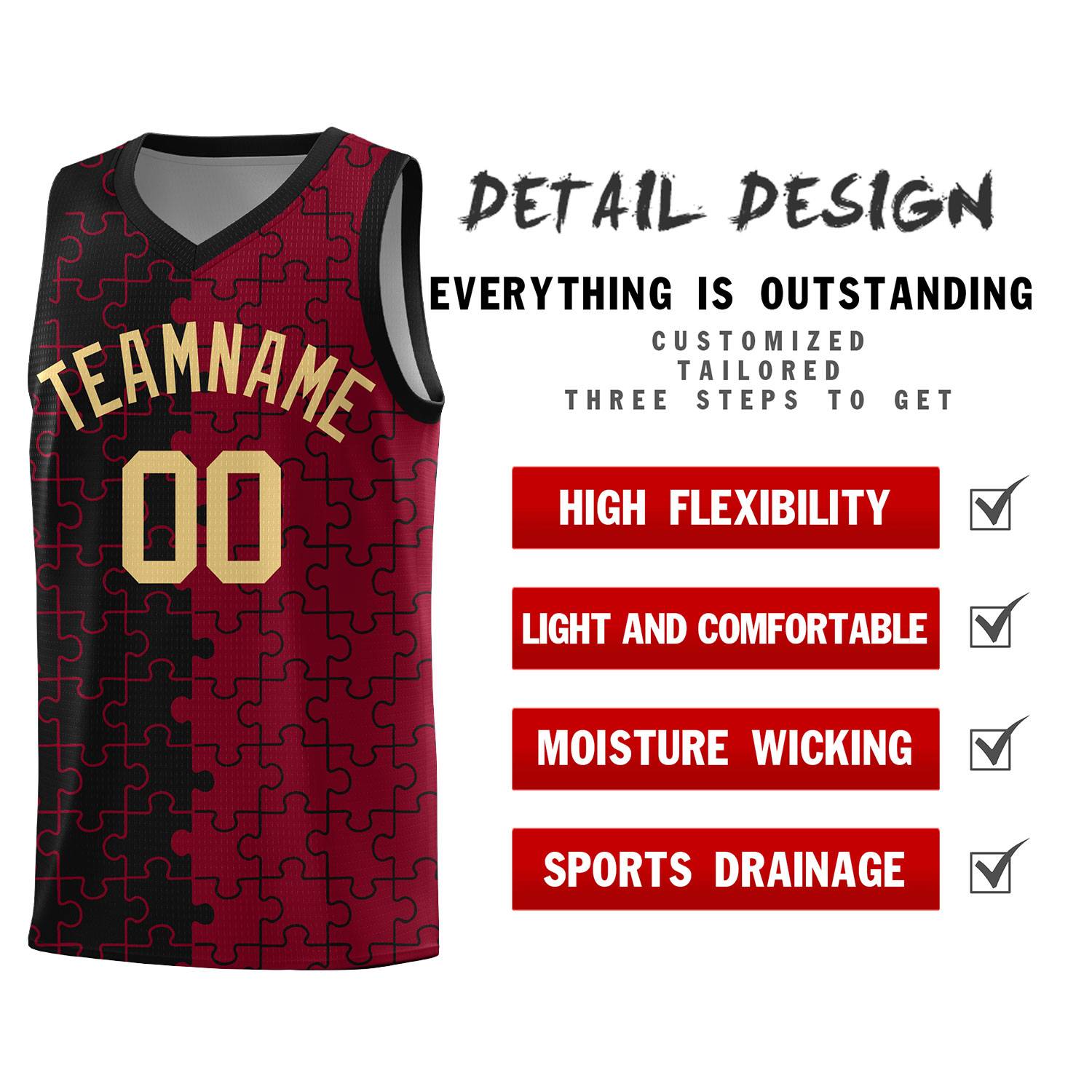 Custom Black Crimson Splid Basketball Kits With Puzzle Pattern