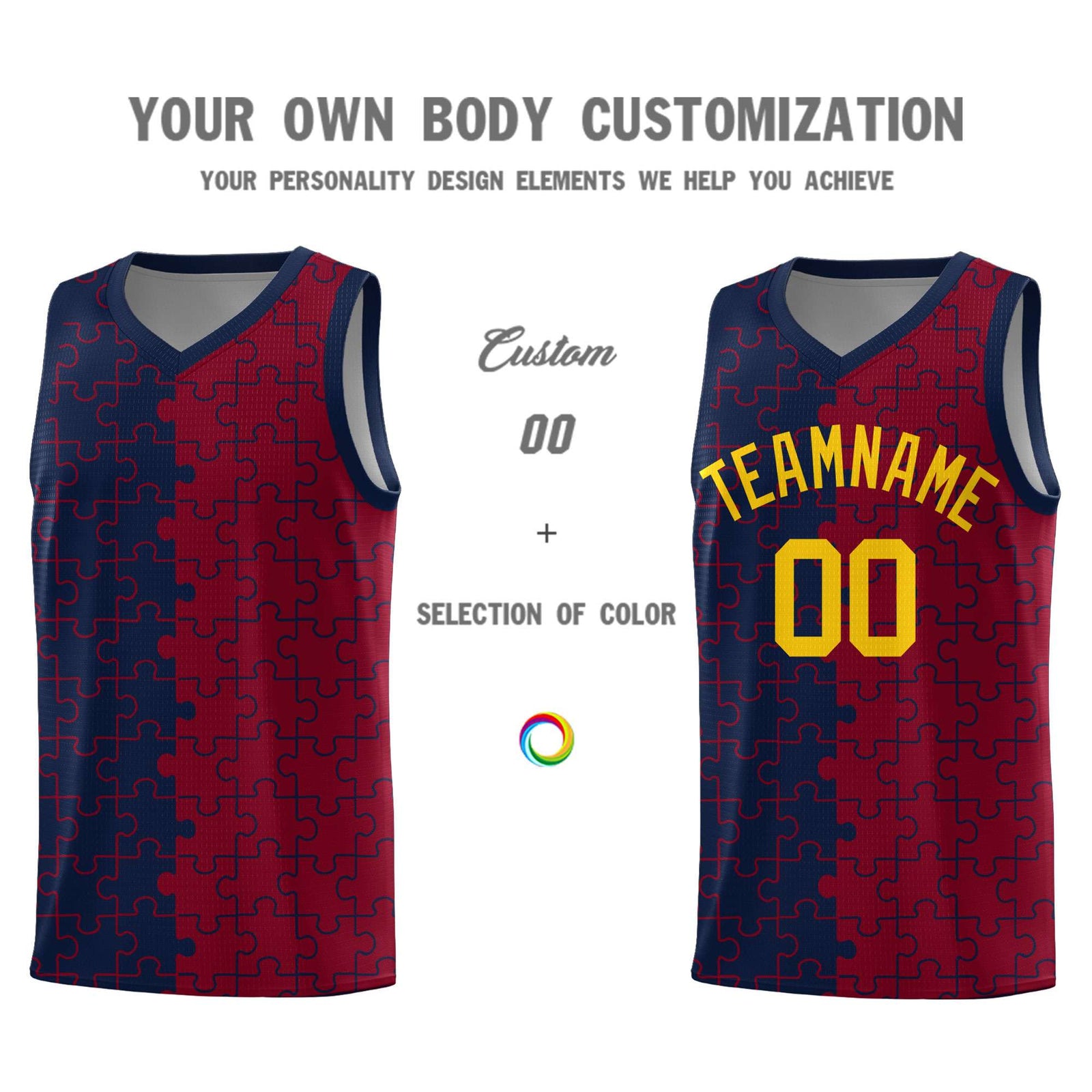 Custom Navy Crimson Splid Basketball Kits With Puzzle Pattern