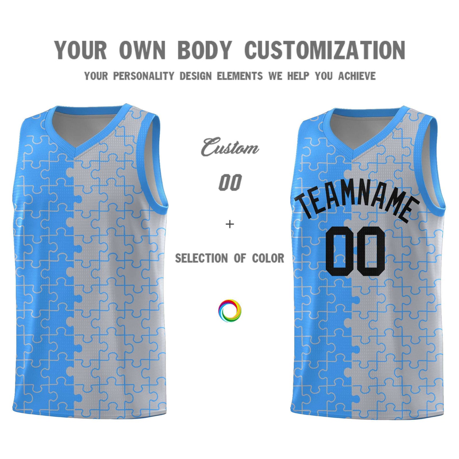 Custom Light Blue Gray Splid Basketball Kits With Puzzle Pattern