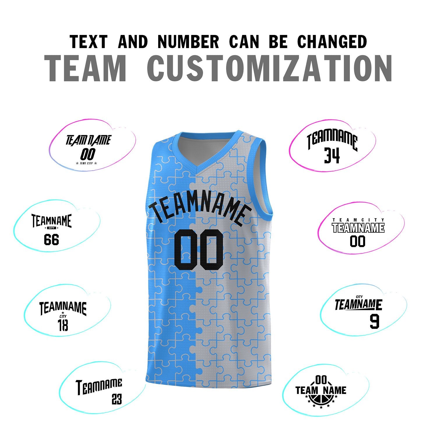Custom Light Blue Gray Splid Basketball Kits With Puzzle Pattern