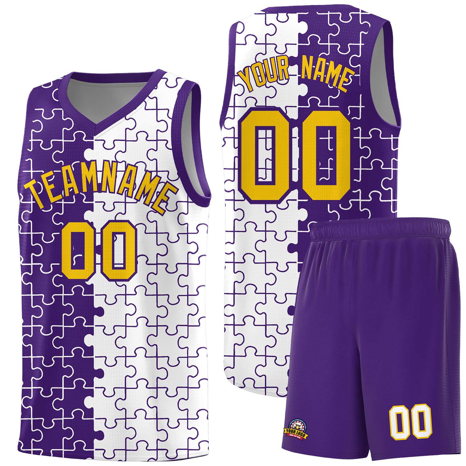 Custom Purple White Splid Basketball Kits With Puzzle Pattern