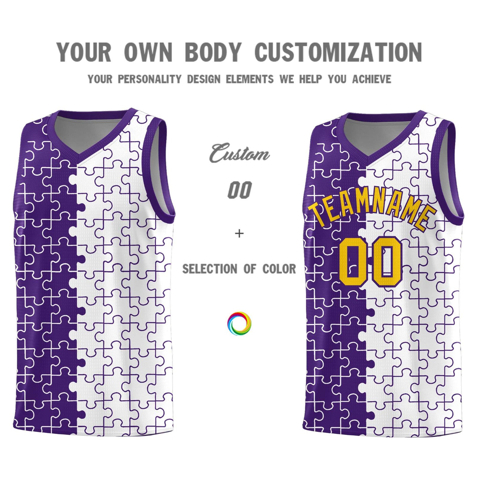 Custom Purple White Splid Basketball Kits With Puzzle Pattern