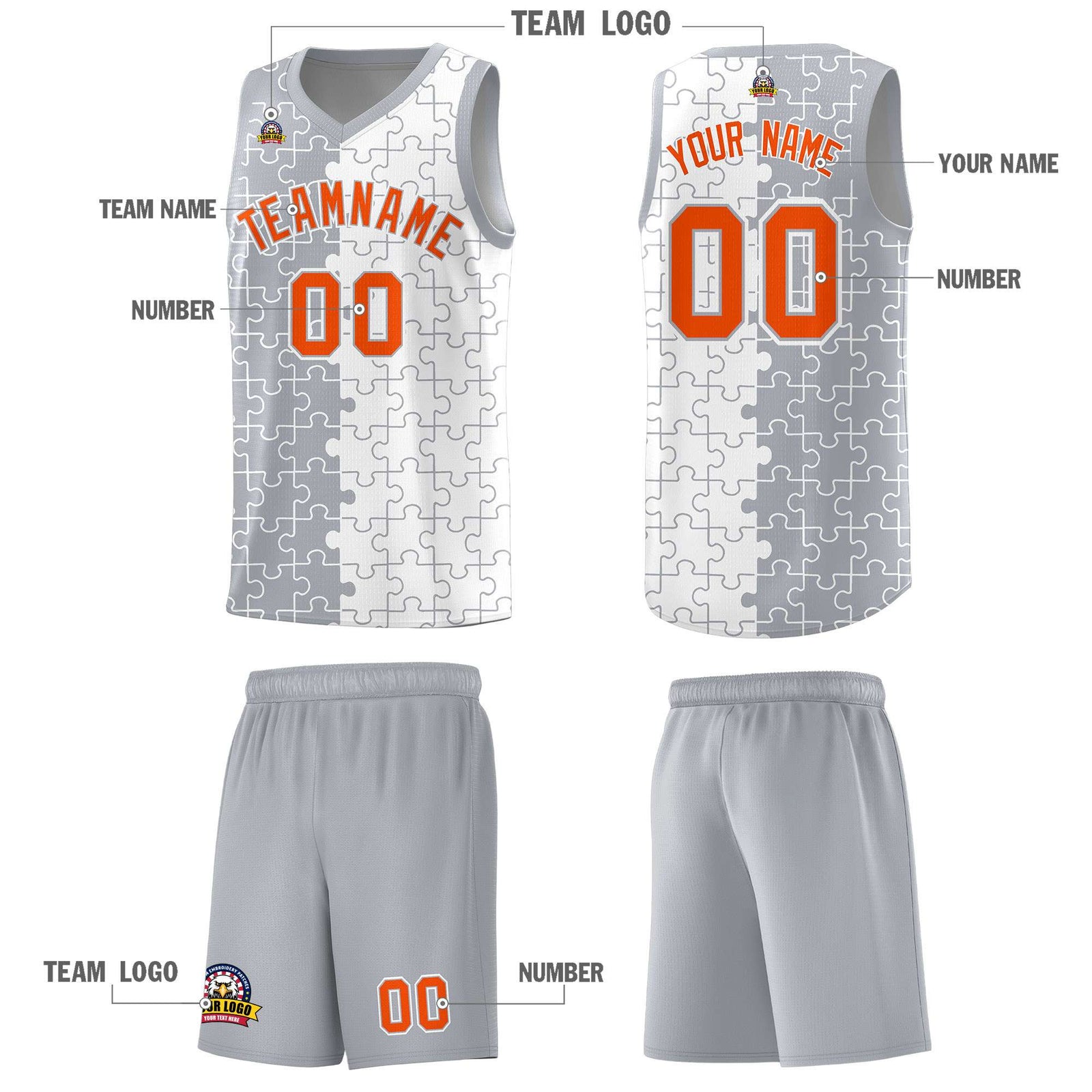 Custom Gray White Splid Basketball Kits With Puzzle Pattern