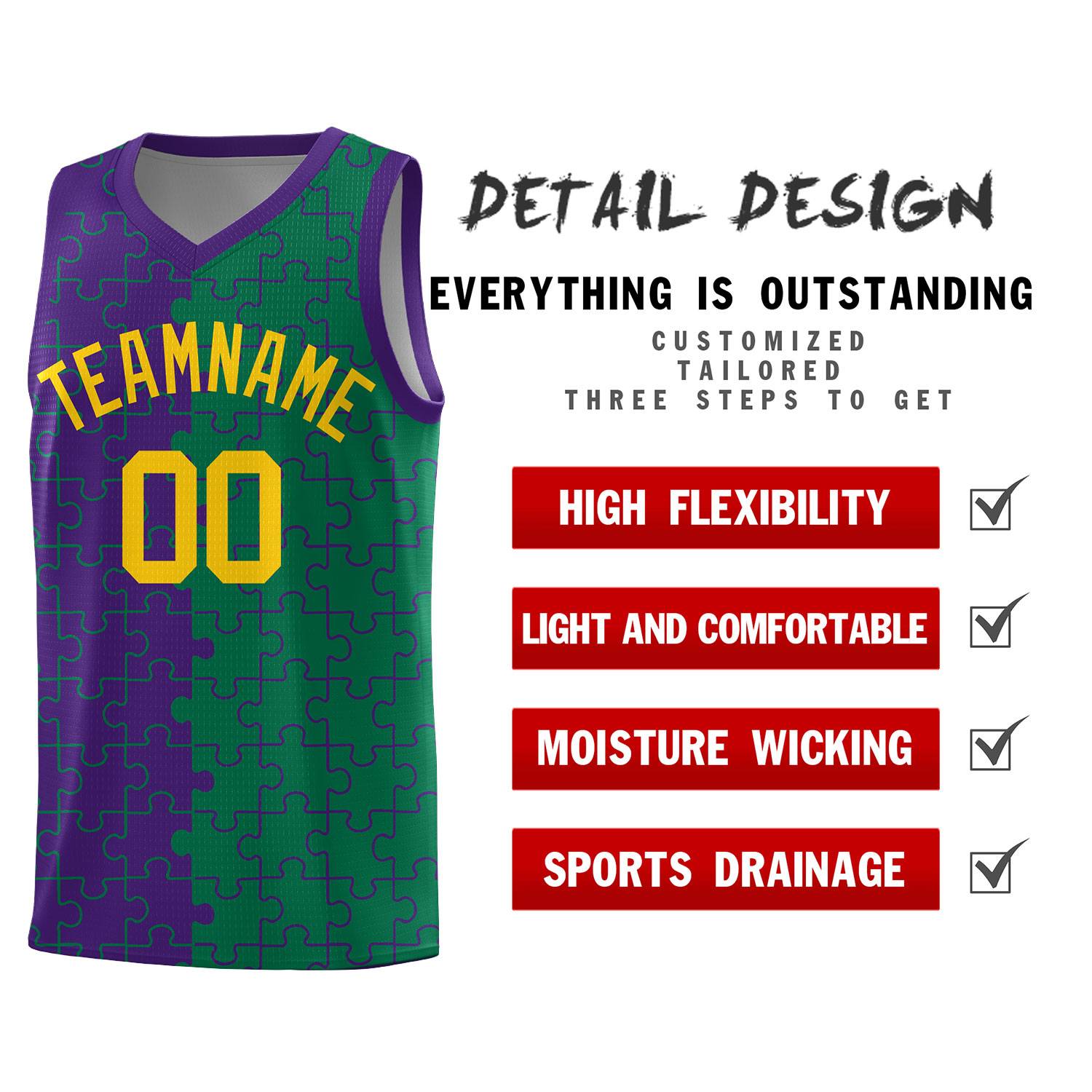 Custom Purple Kelly Green Splid Basketball Kits With Puzzle Pattern