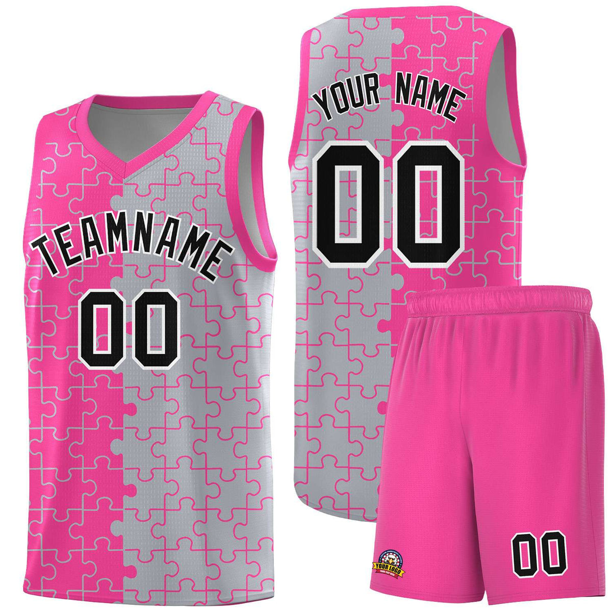 Custom Pink Gray Splid Basketball Kits With Puzzle Pattern