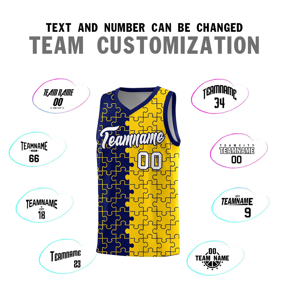 Custom Navy Gold Splid Basketball Kits With Puzzle Pattern