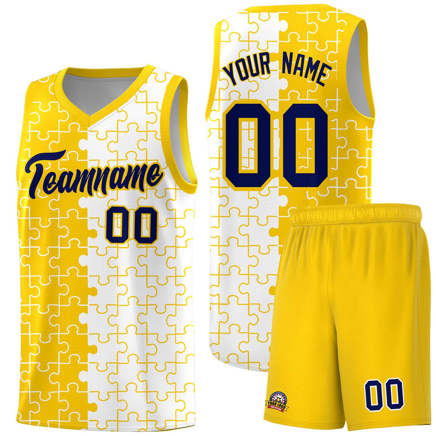Custom Gold White Splid Basketball Kits With Puzzle Pattern