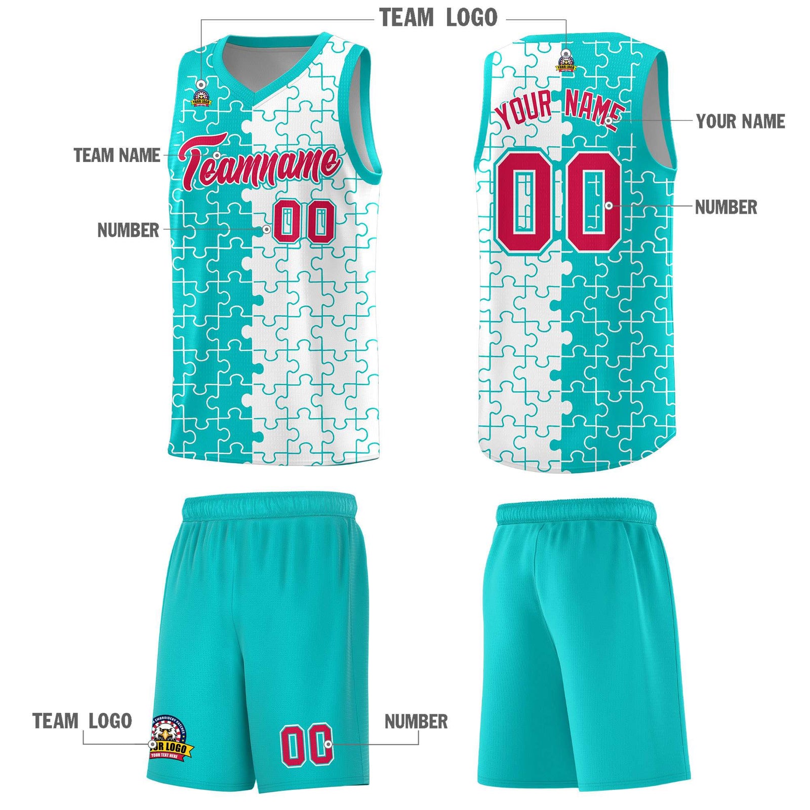 Custom Aqua White Splid Basketball Kits With Puzzle Pattern