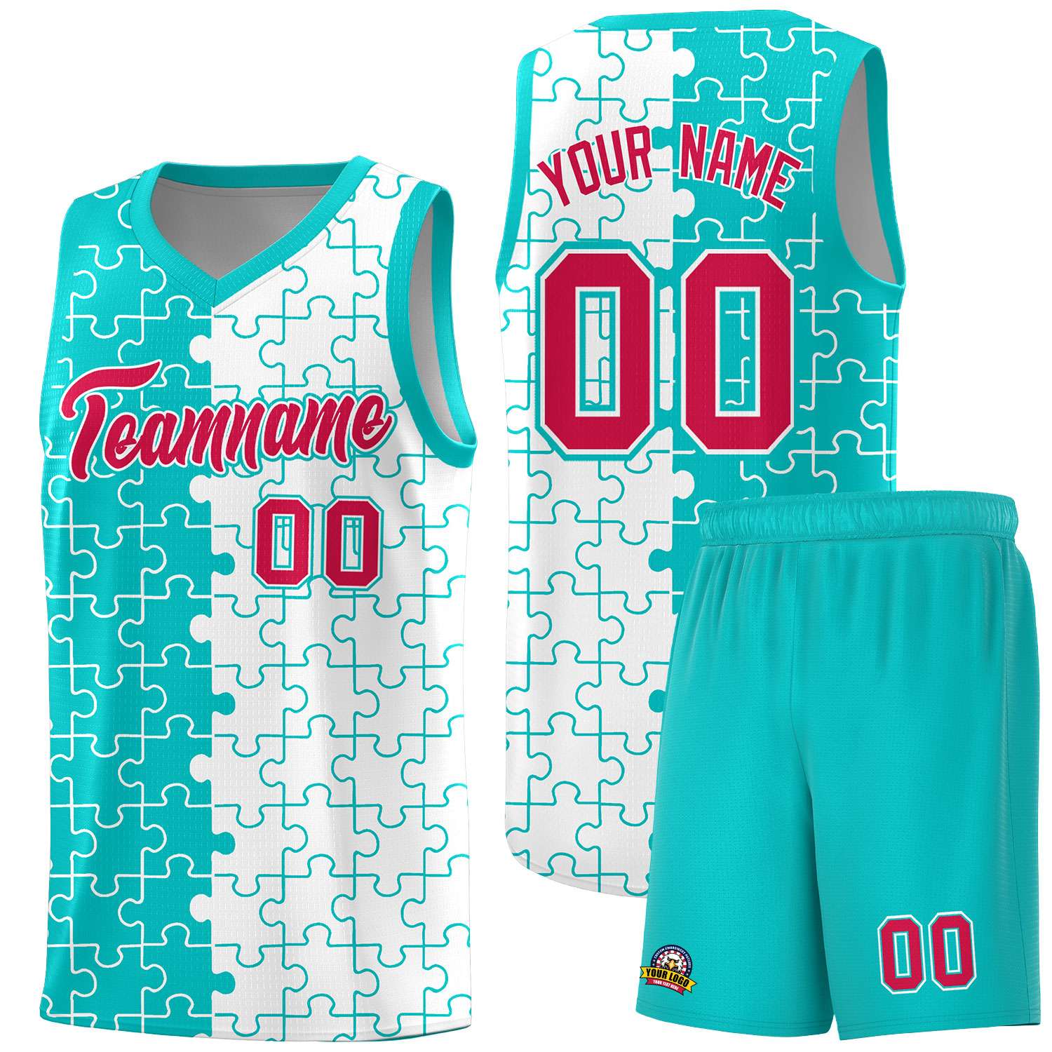 Custom Aqua White Splid Basketball Kits With Puzzle Pattern