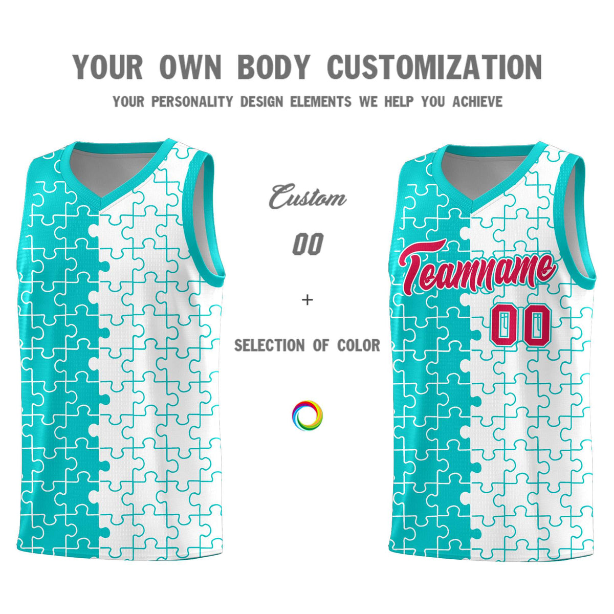 Custom Aqua White Splid Basketball Kits With Puzzle Pattern