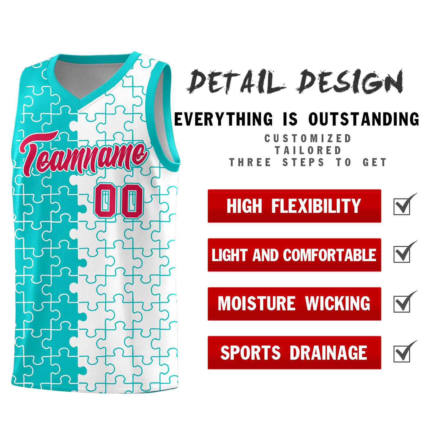 Custom Aqua White Splid Basketball Kits With Puzzle Pattern