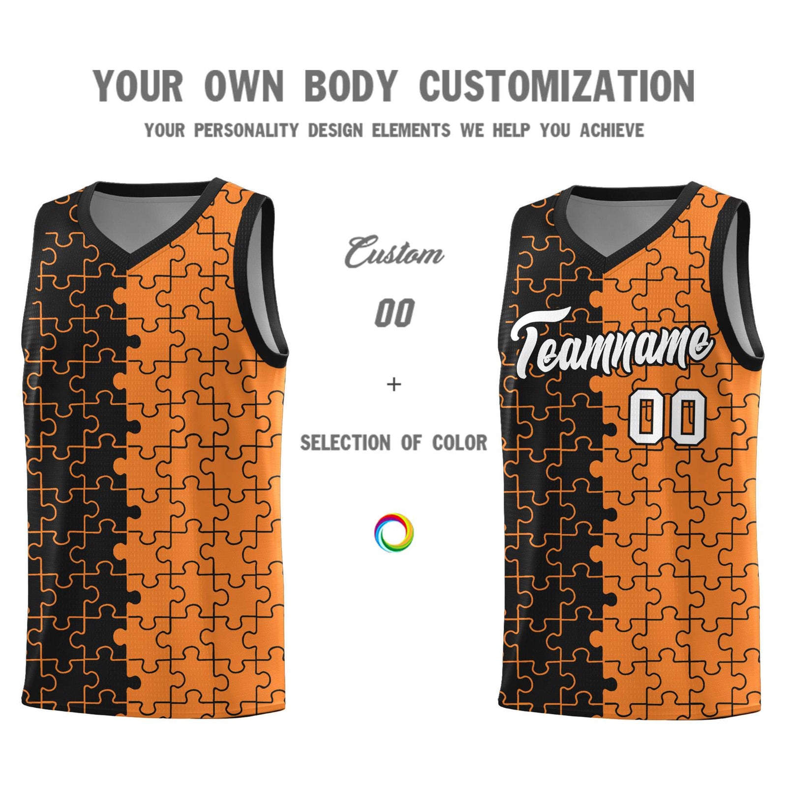 Custom Black Gold Orange Splid Basketball Kits With Puzzle Pattern