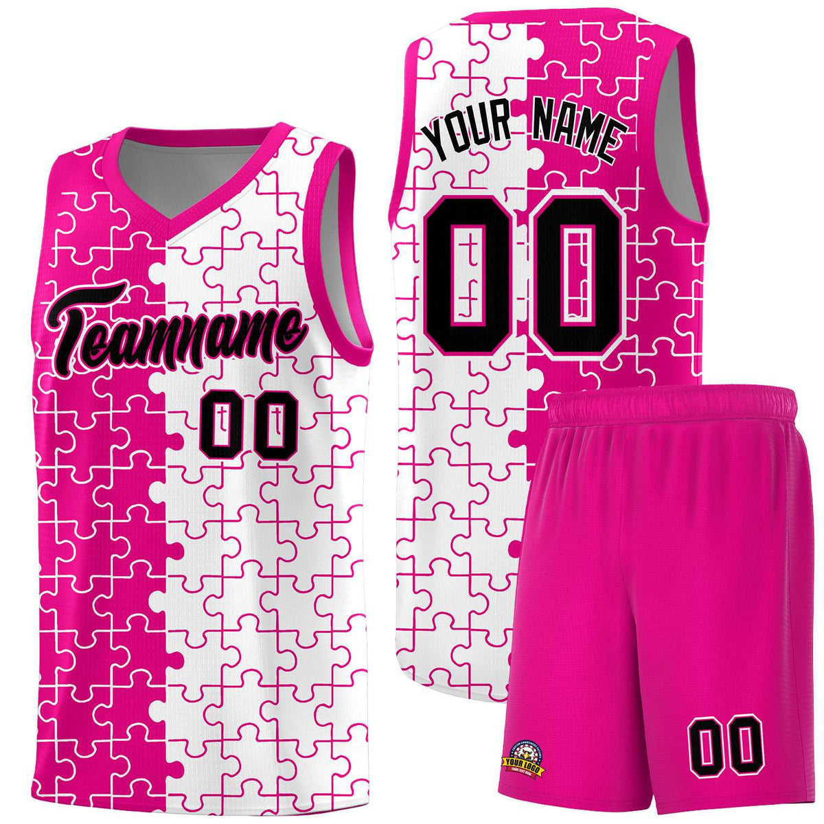 Custom Rose Red White Splid Basketball Kits With Puzzle Pattern