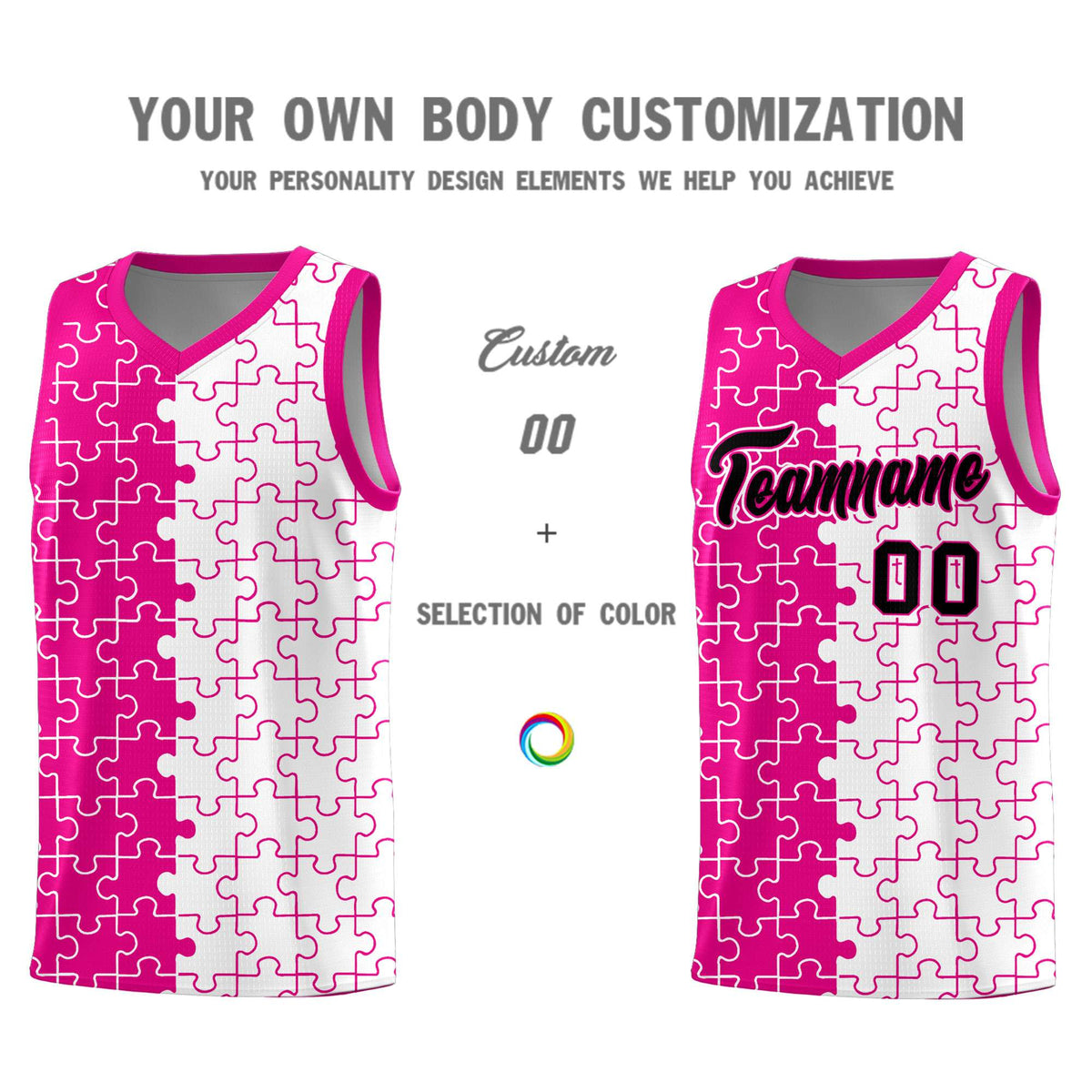 Custom Rose Red White Splid Basketball Kits With Puzzle Pattern
