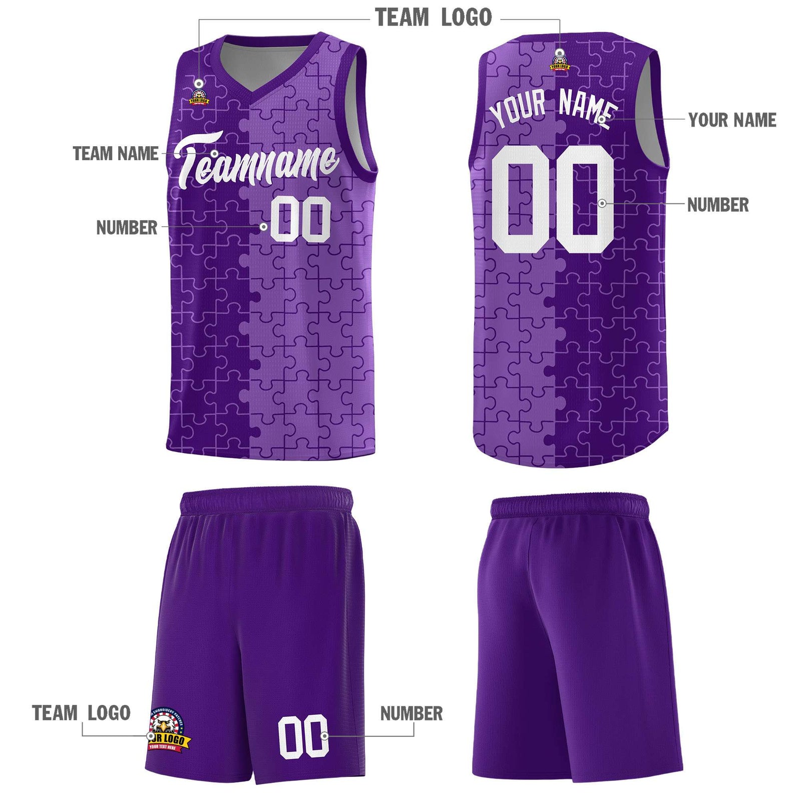 Custom Purple Light Purple Splid Basketball Kits With Puzzle Pattern