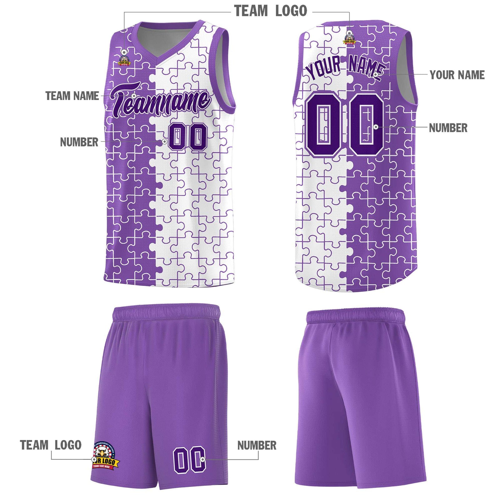 Custom Light Purple White Splid Basketball Kits With Puzzle Pattern