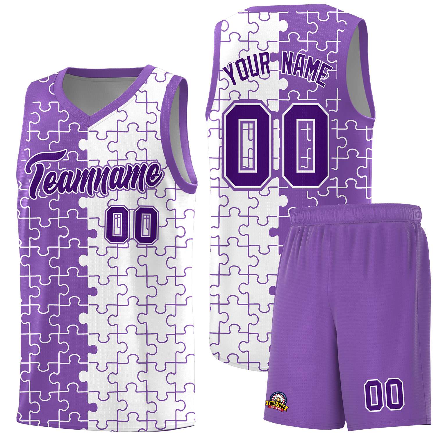 Custom Light Purple White Splid Basketball Kits With Puzzle Pattern
