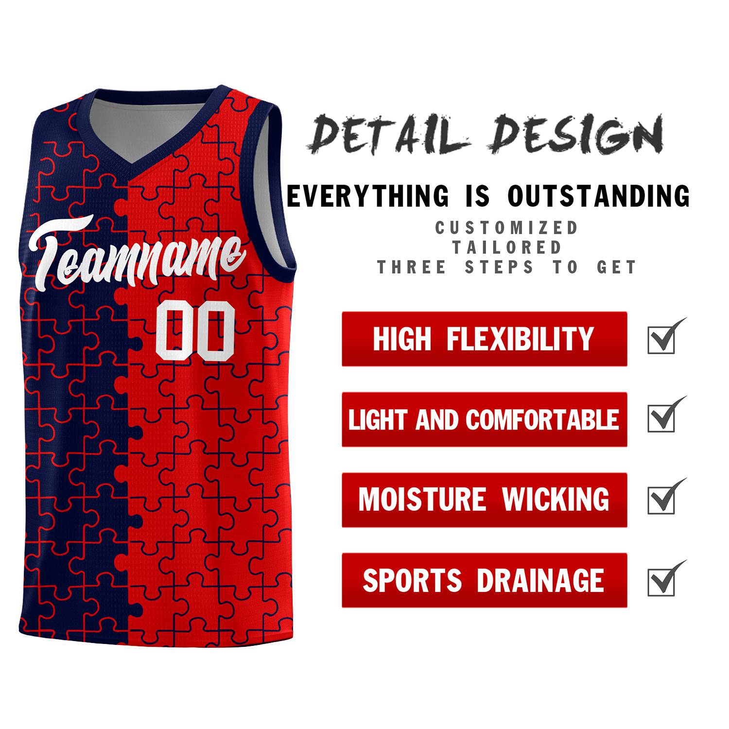 Custom Navy Red Splid Basketball Kits With Puzzle Pattern
