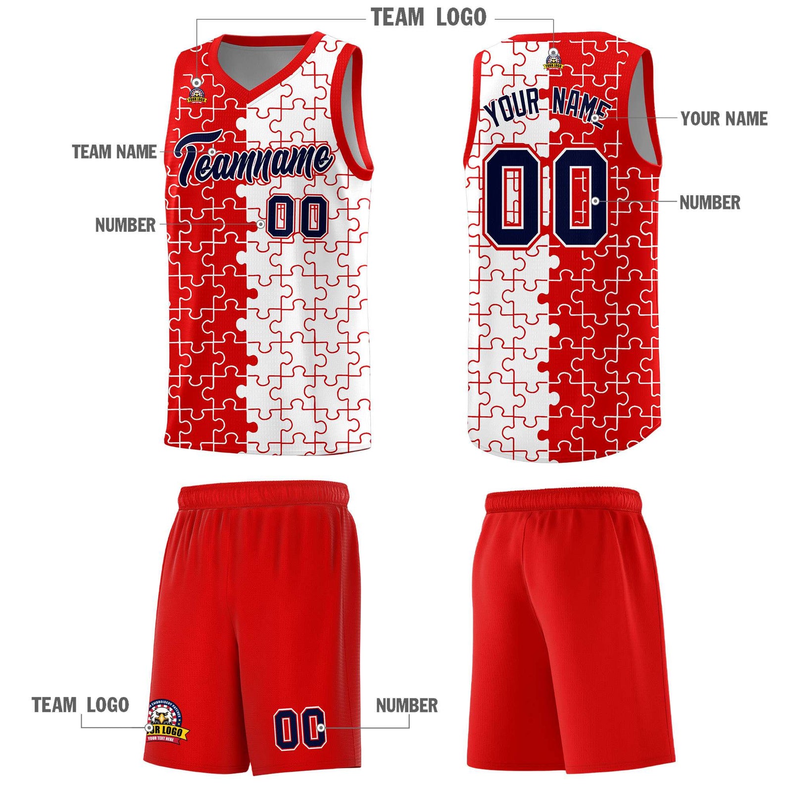 Custom Red White Splid Basketball Kits With Puzzle Pattern