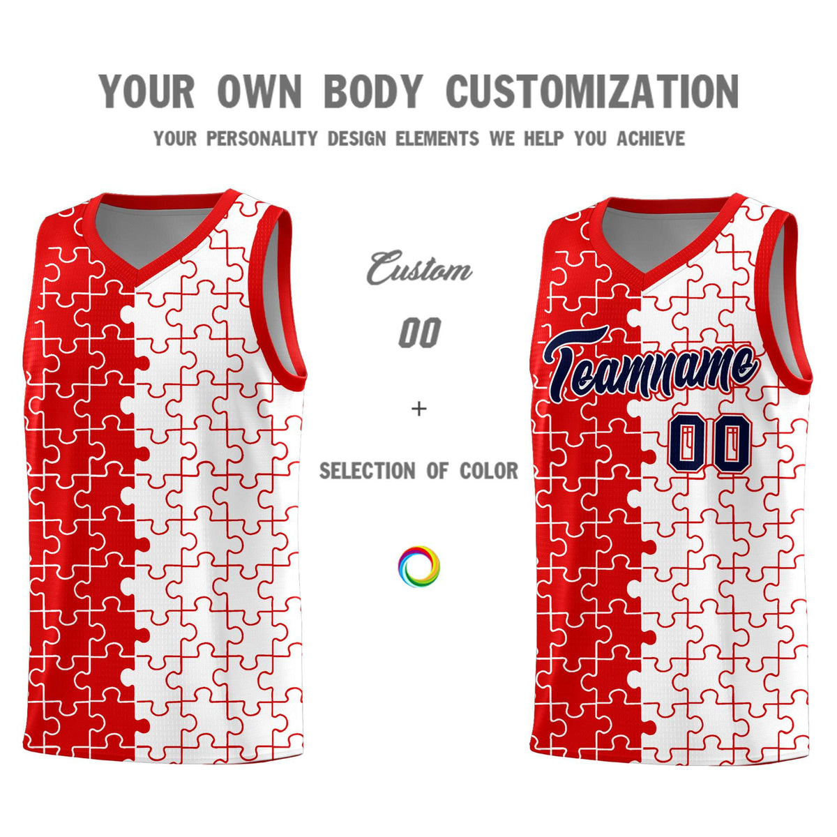 Custom Red White Splid Basketball Kits With Puzzle Pattern