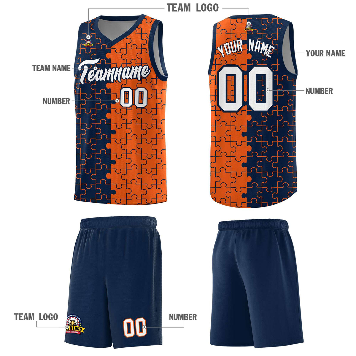 Custom Navy Orange Splid Basketball Kits With Puzzle Pattern