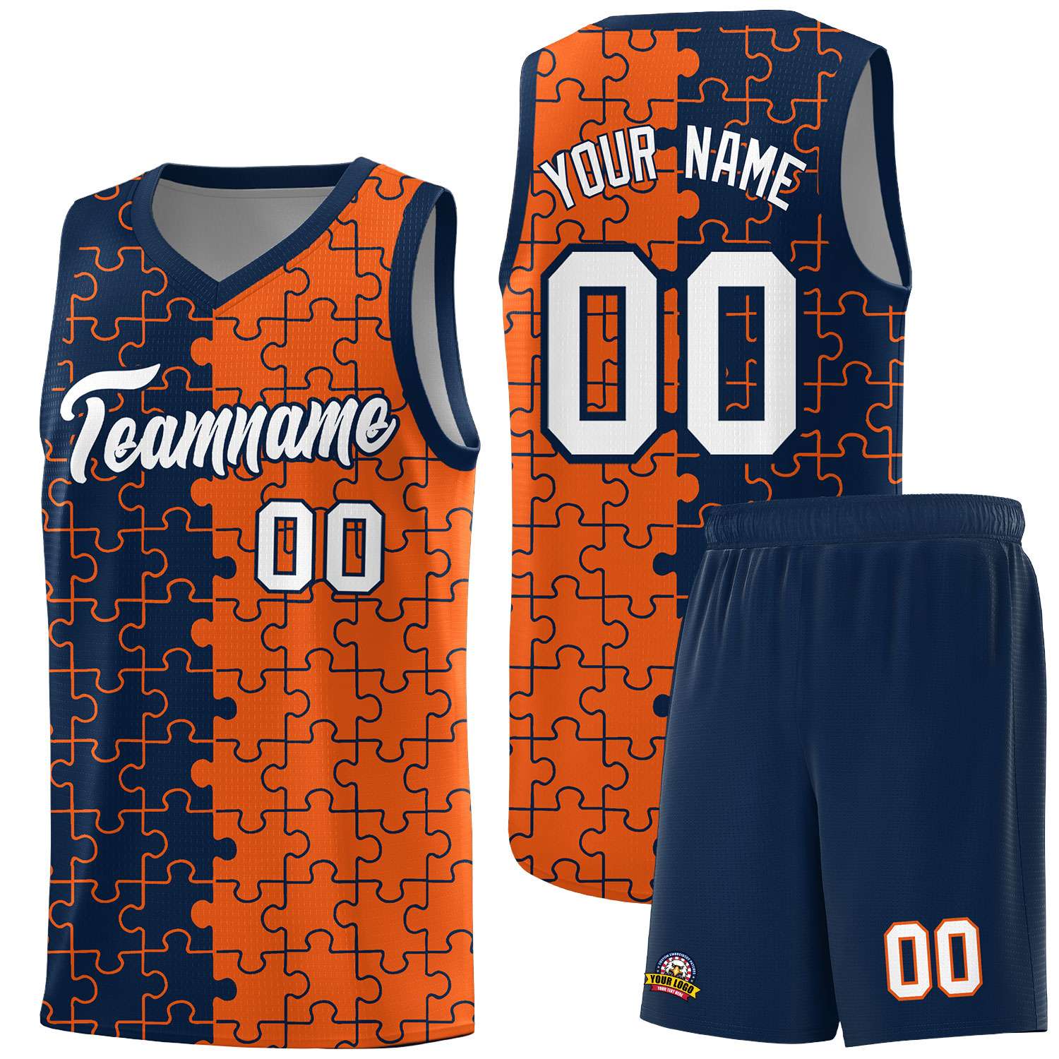 Custom Navy Orange Splid Basketball Kits With Puzzle Pattern