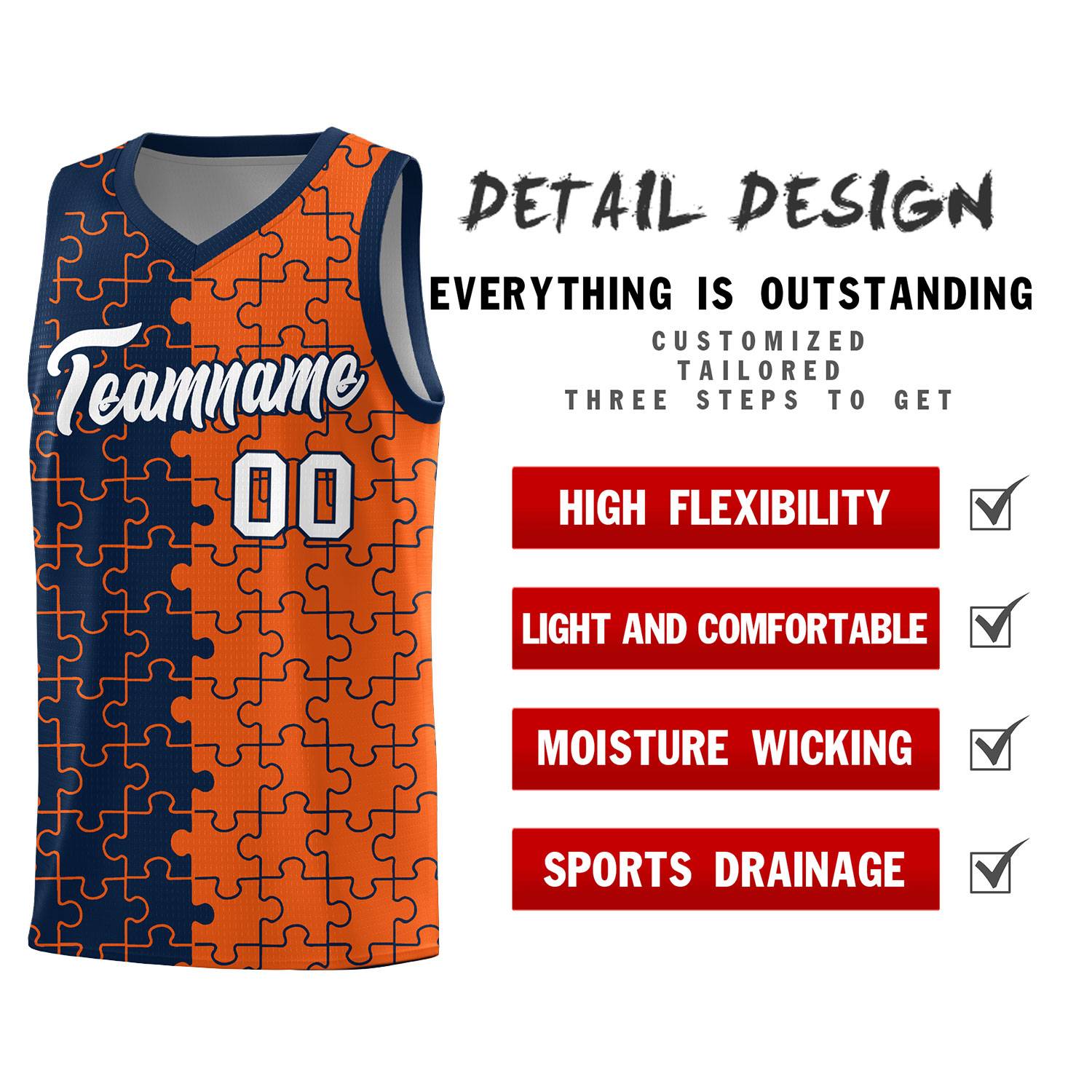 Custom Navy Orange Splid Basketball Kits With Puzzle Pattern