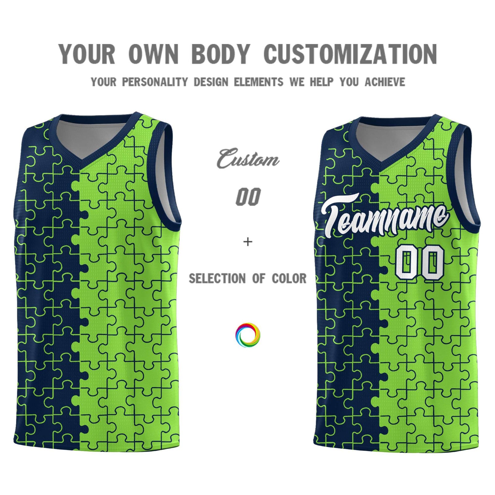 Custom Navy Neon Green Splid Basketball Kits With Puzzle Pattern