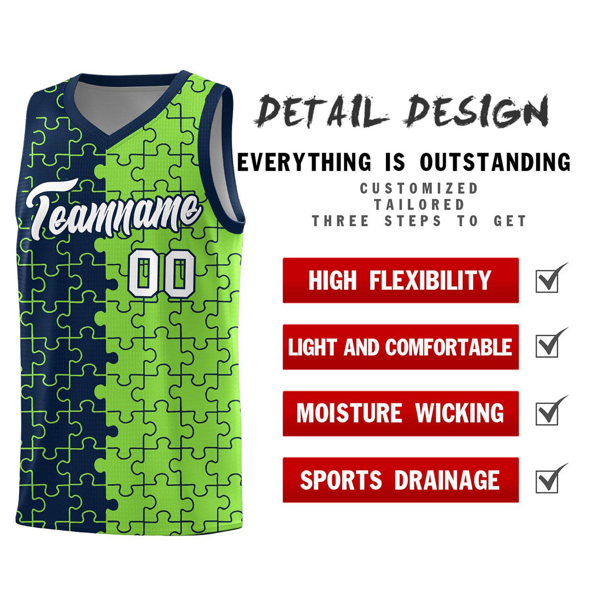 Custom Navy Neon Green Splid Basketball Kits With Puzzle Pattern