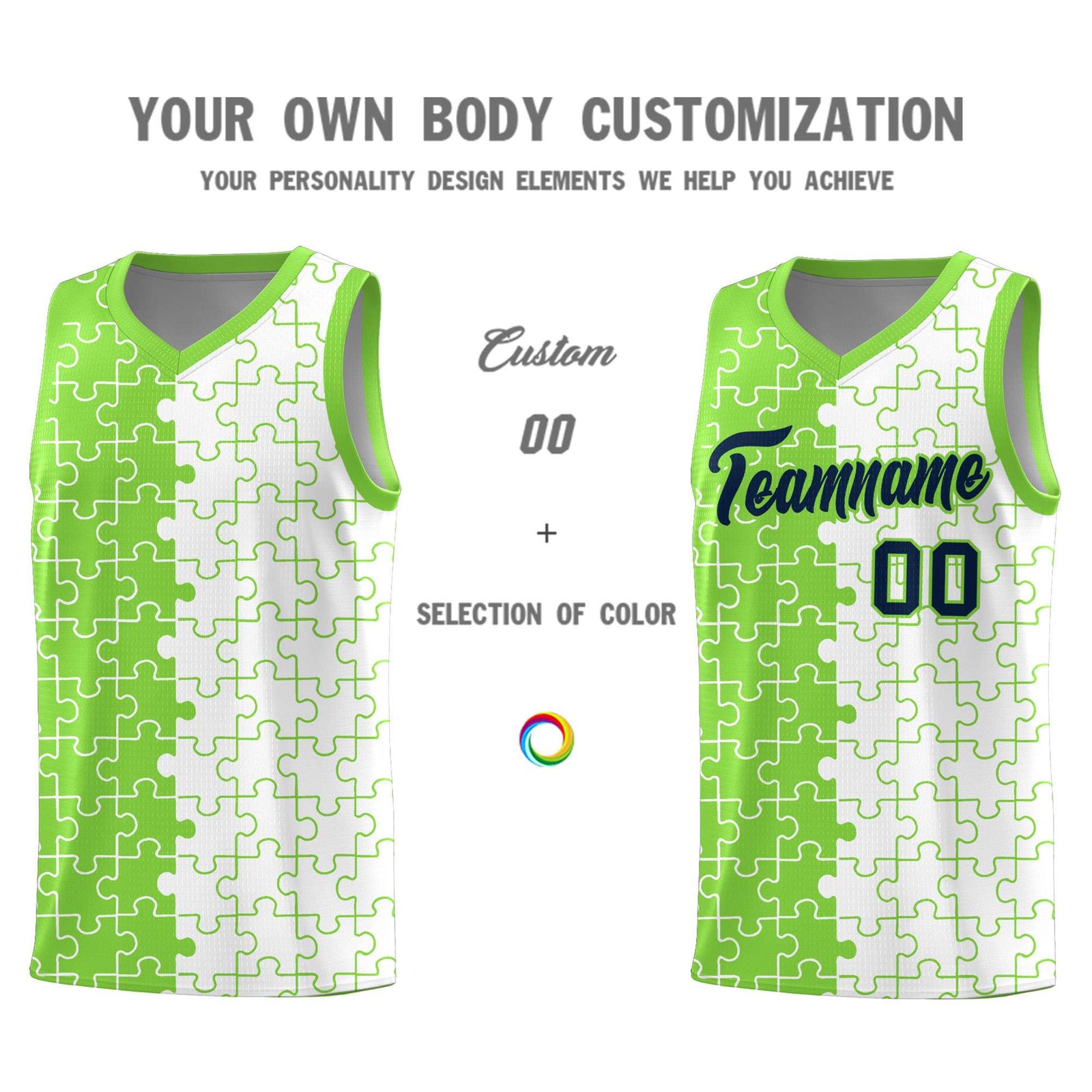 Custom Neon Green White Splid Basketball Kits With Puzzle Pattern