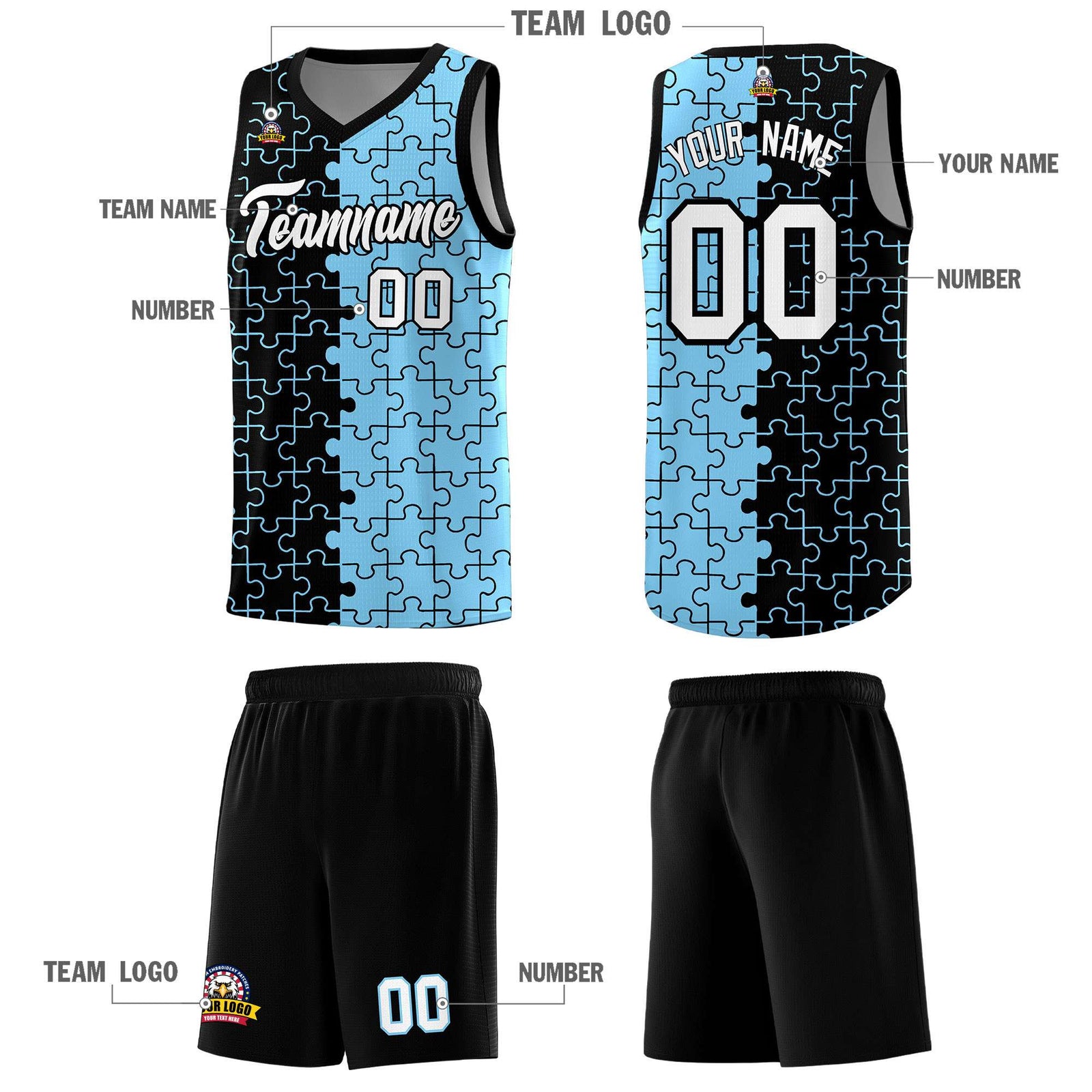 Custom Black Powder Blue Splid Basketball Kits With Puzzle Pattern
