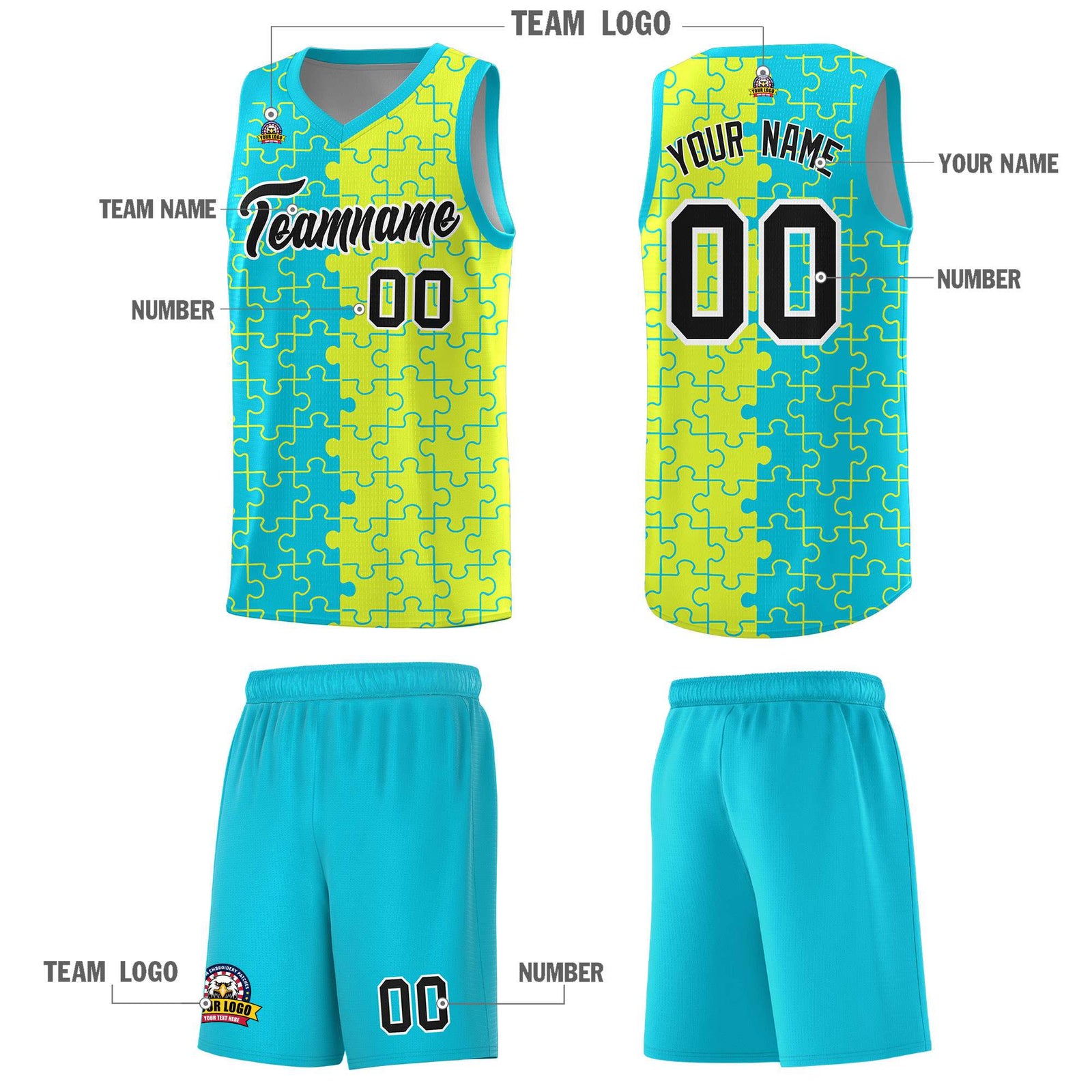 Custom Sky Blue Fluorescent Green Splid Basketball Kits With Puzzle Pattern
